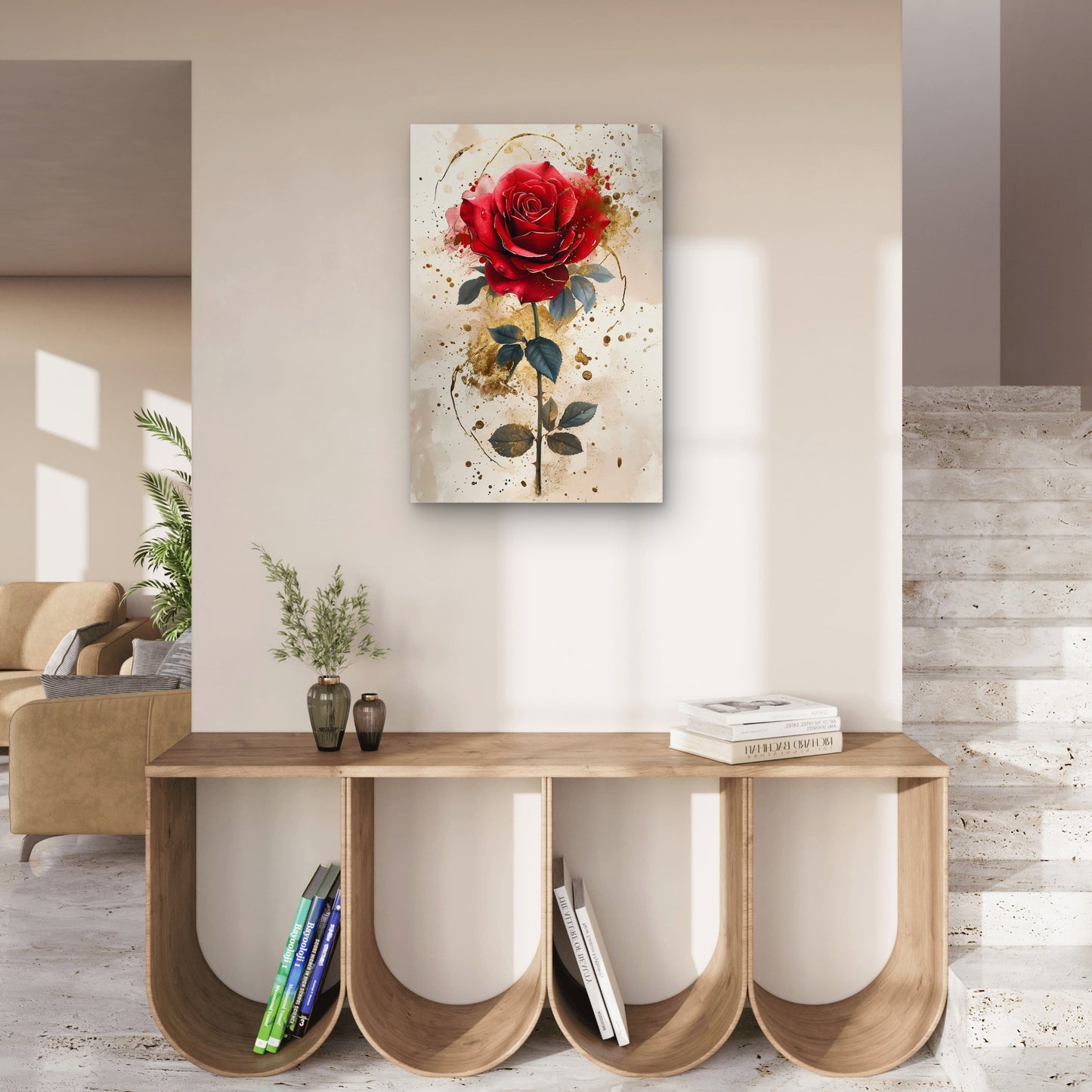 Elegant Red Rose Gold Leaf Foil Splatter Art 40x60cm Metal Print Ready to Hang