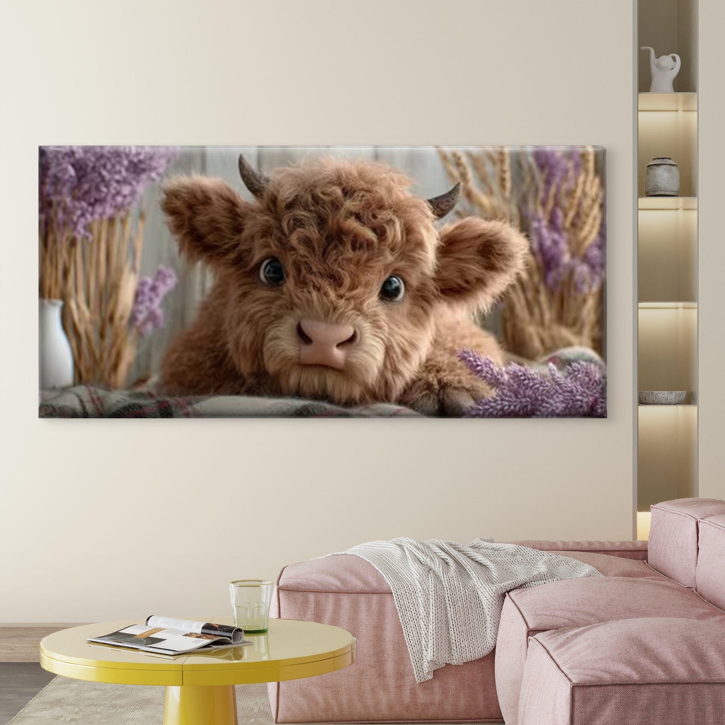 Cute Highland Cow with Purple Floral Wall Art Canvas Office Home Room Framed 120x60cm