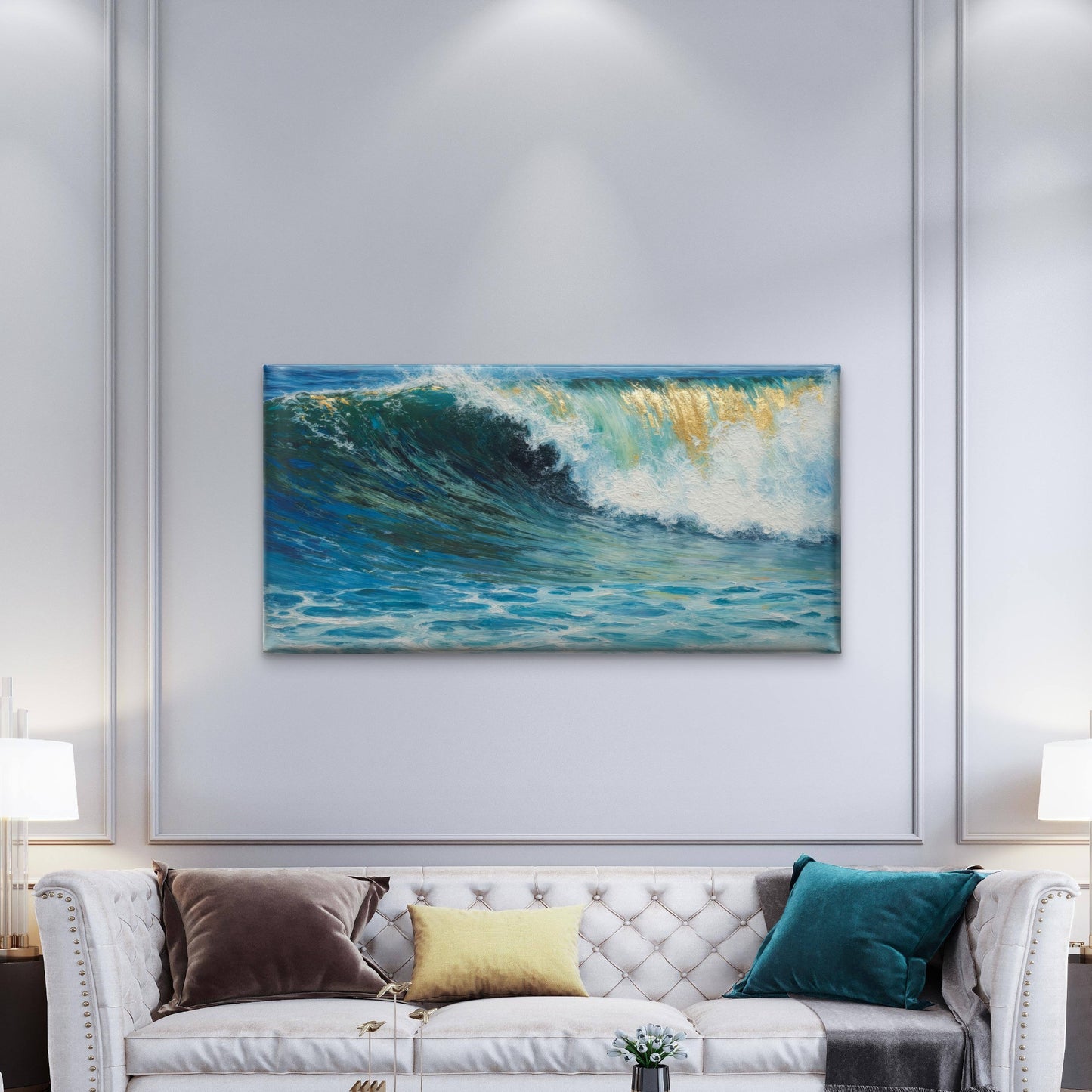 Ocean Wave Gold Crest Crashing Wall Art Canvas Office Home Room Framed 120x60cm