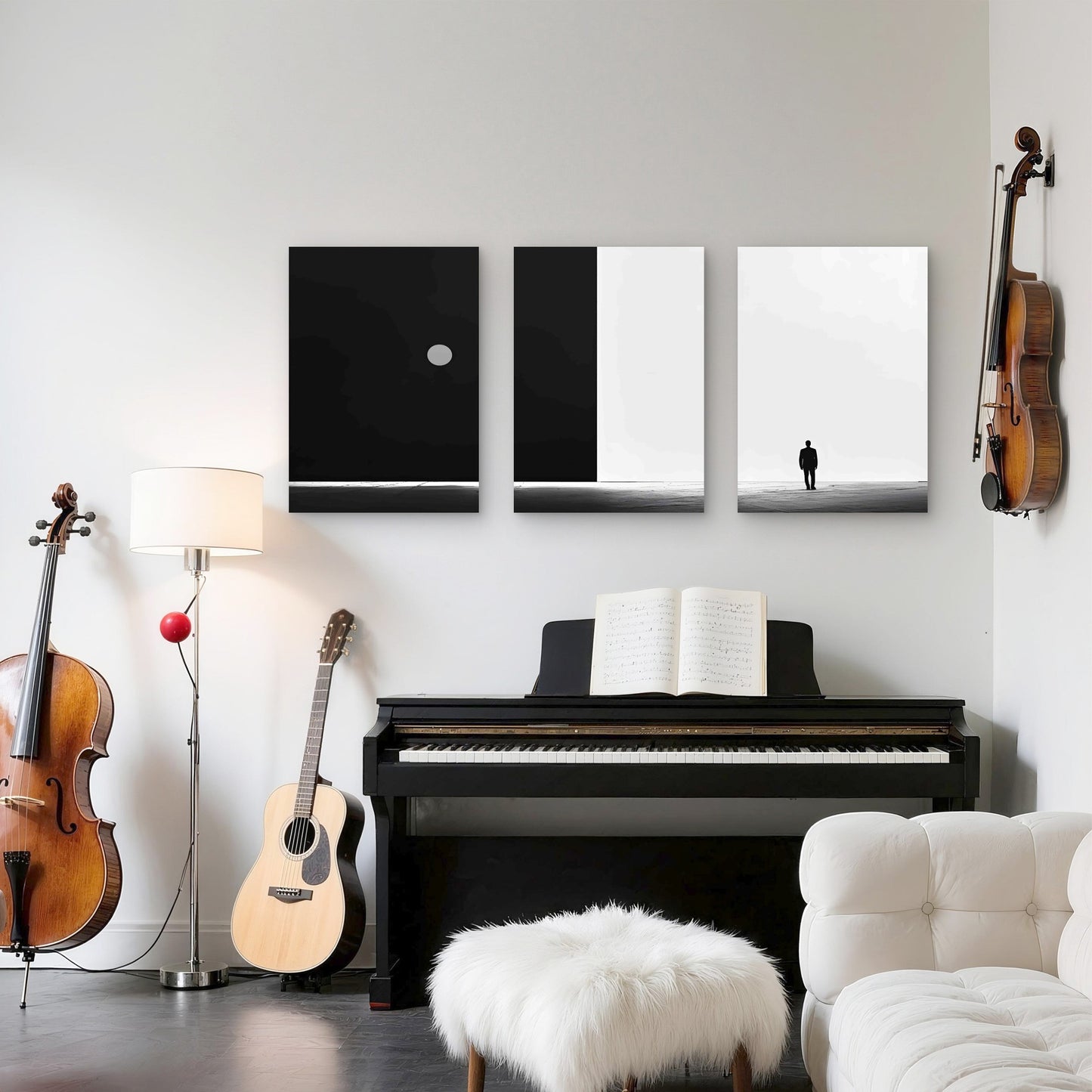 3pcs Person In A Dark Room With White Circle Metal Print Ready to Hang Art