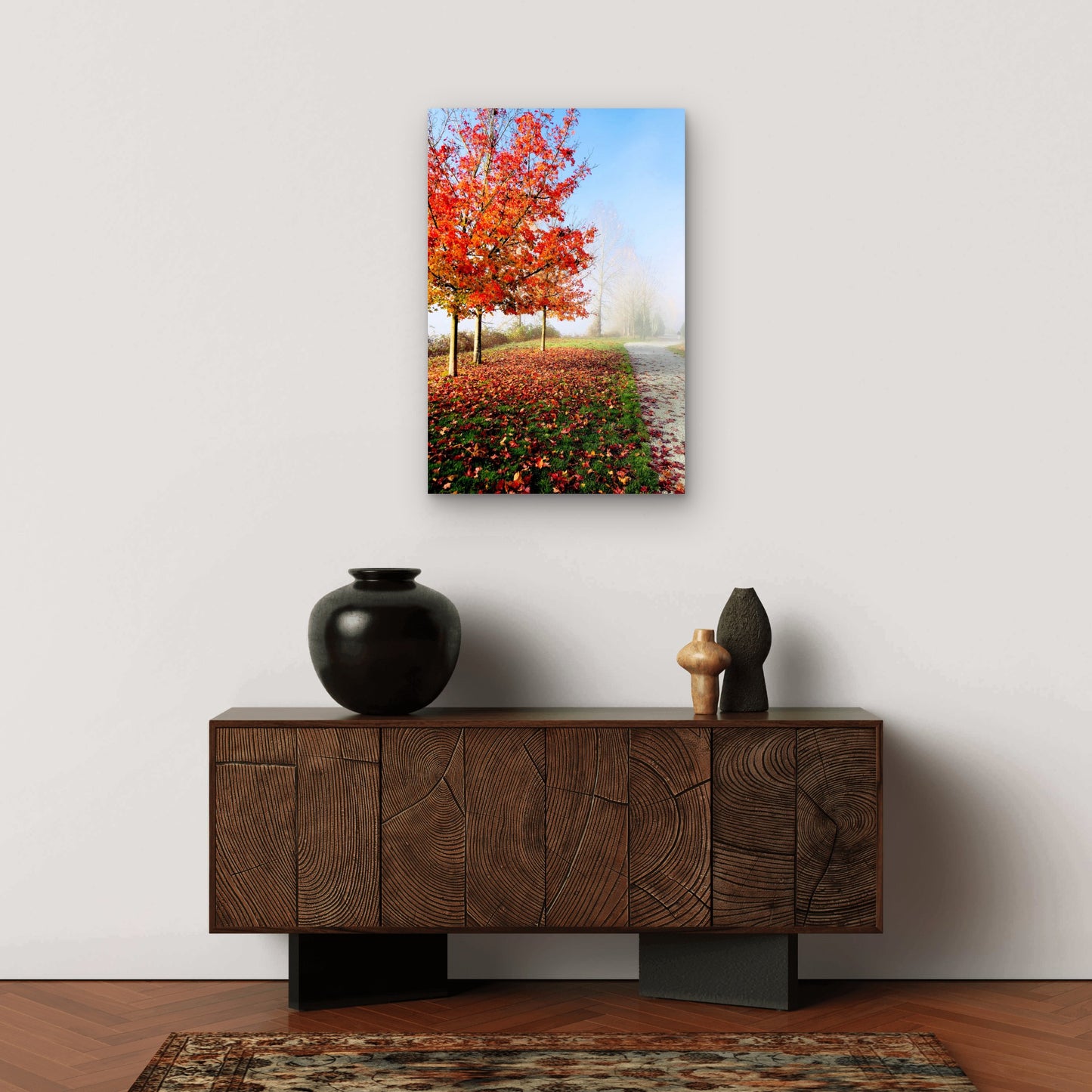Autumn Red Maple Tree Misty Park Path 40x60cm Metal Print Ready to Hang