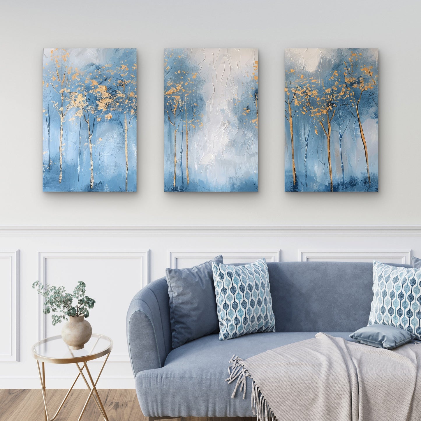 3pcs Abstract Blue Gold Tree Forest Painting Wall Art Set Canvas Framed 50x70cm - High Quality Print 100% Australian Made Wall Canvas Ready to Hang