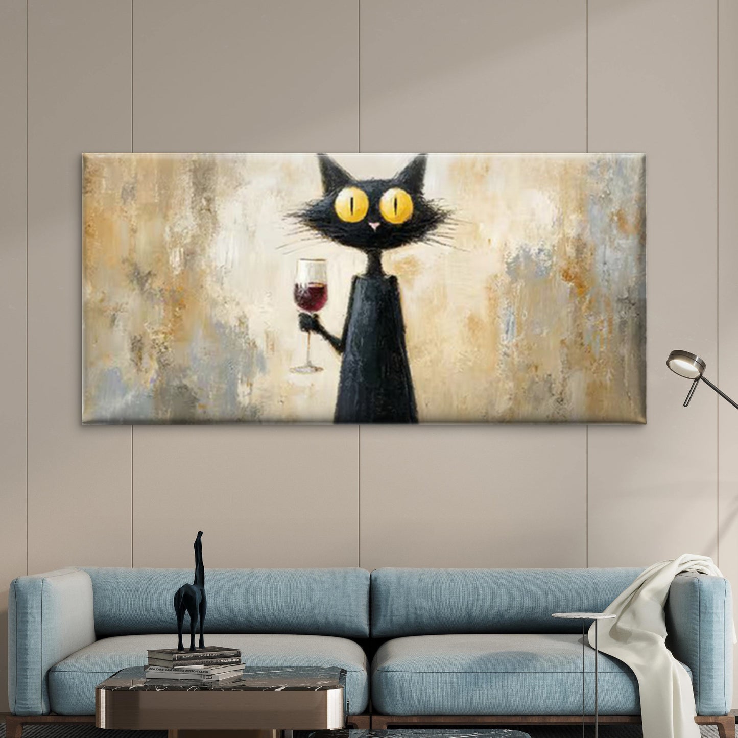 Black Cat & Wine Glass Wall Art Canvas Office Home Room Framed 120x60cm
