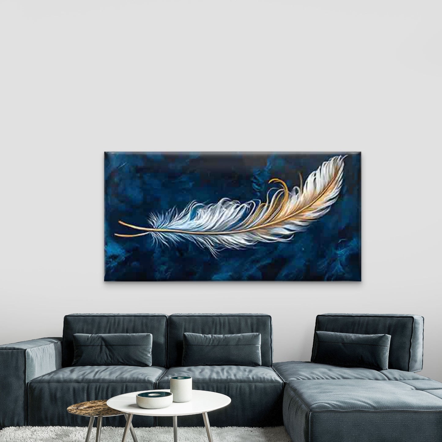 Blue-Golden Gradient Feather Wall Art Canvas Office Home Room Framed 120x60cm - Bella Home Decor