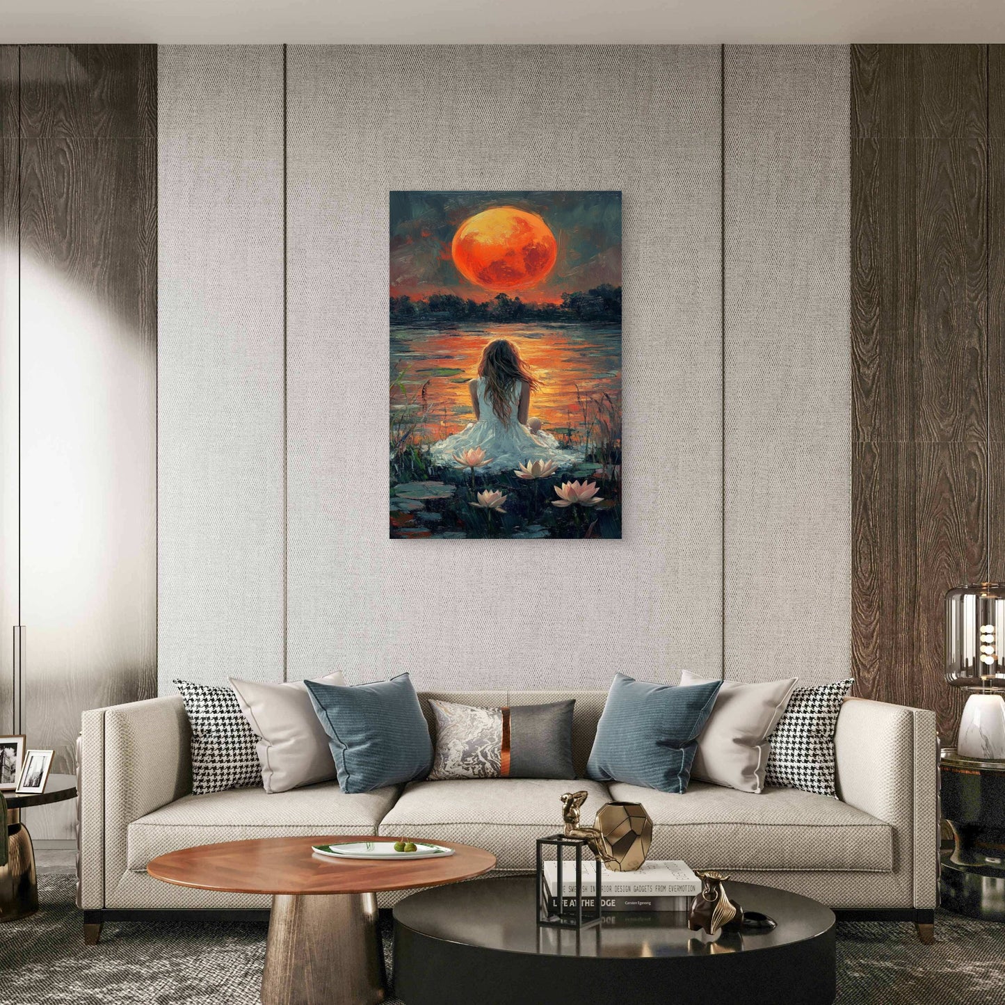 Fantasy Girl Orange Moon Water Lily Pond 40x60cm Metal Print Ready to Hang