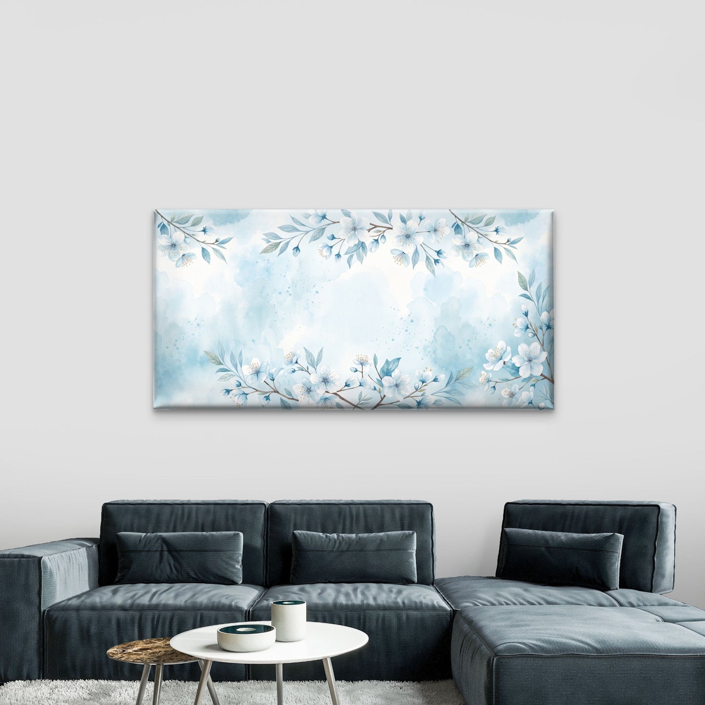 Watercolor Light Blue Floral Blossom Wall Art Canvas Office Home Framed 120x60cm