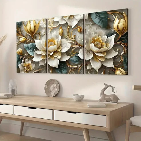 3pcs Light Luxury Style Golden Flower Abstract Art Wall Art Set Canvas Unframed - High Quality Print 100% Australian Made Wall Canvas
