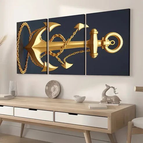 3pcs Modern Stylish Golden Anchor Art Shiny Wall Art Set Canvas Unframed - High Quality Print 100% Australian Made Wall Canvas