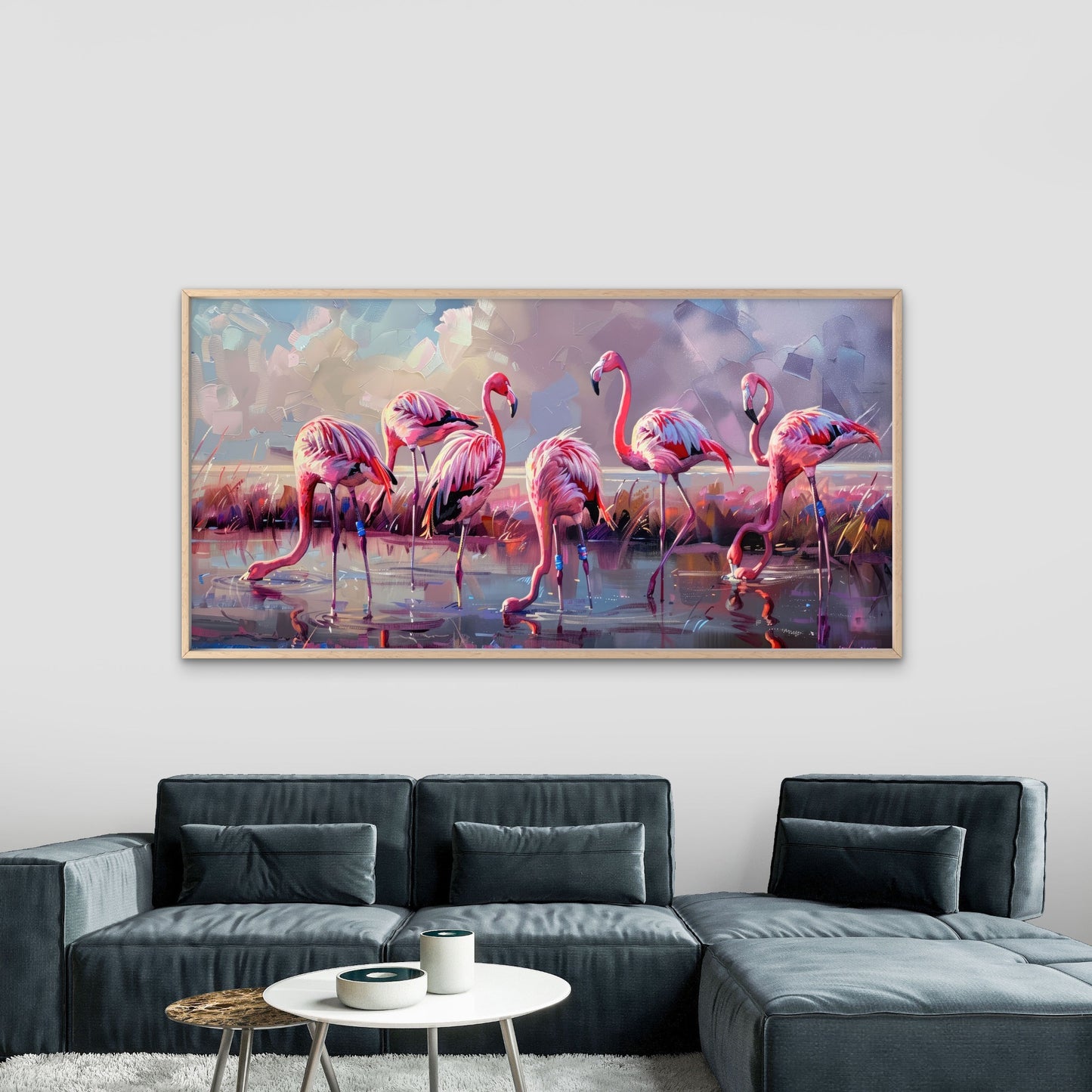 Pink Flamingos In Water Wall Art Canvas Office Home Room Framed 120x60cm