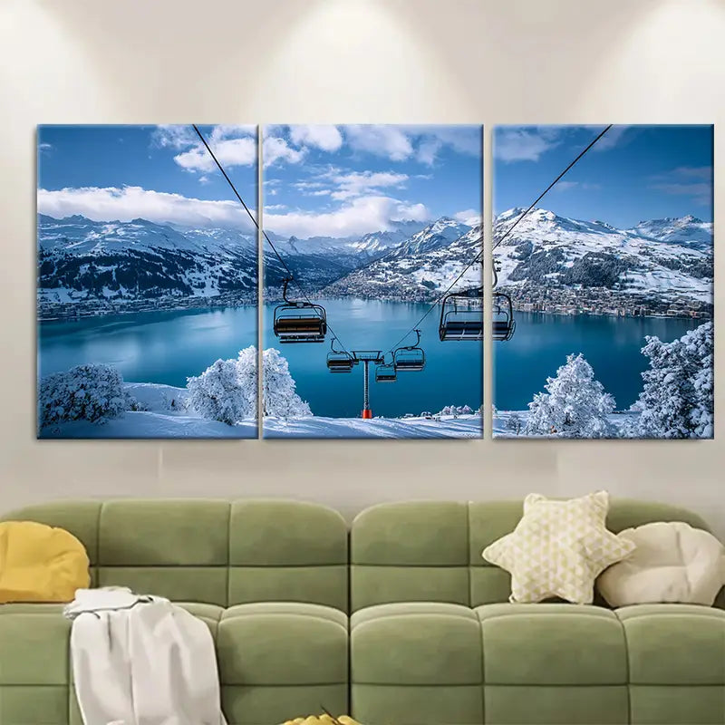 3pcs Klosters Davos Ski Resort Lake Wall Art Set Canvas Framed 50x70cm - High Quality Print 100% Australian Made Wall Canvas Ready to Hang