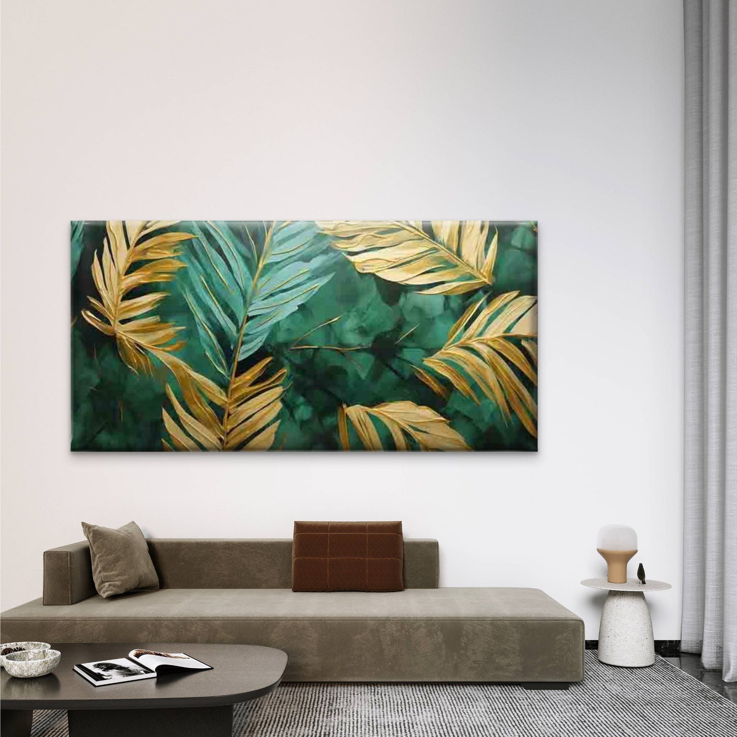 Abstract Golden Green Palm Wall Art Canvas Office Home Room Framed 120x60cm
