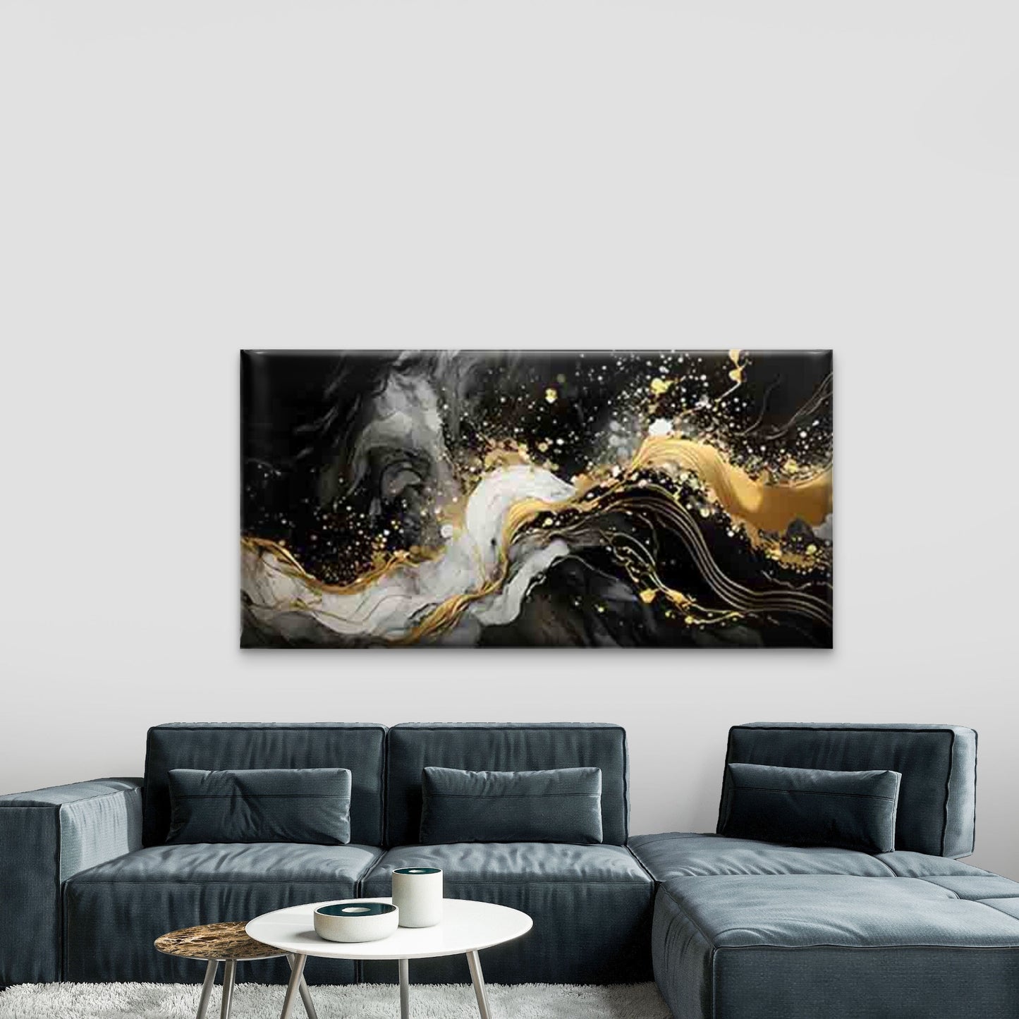 Flowing Lines in Golden, White Wall Art Canvas Office Home Room Framed 120x60cm - Bella Home Decor