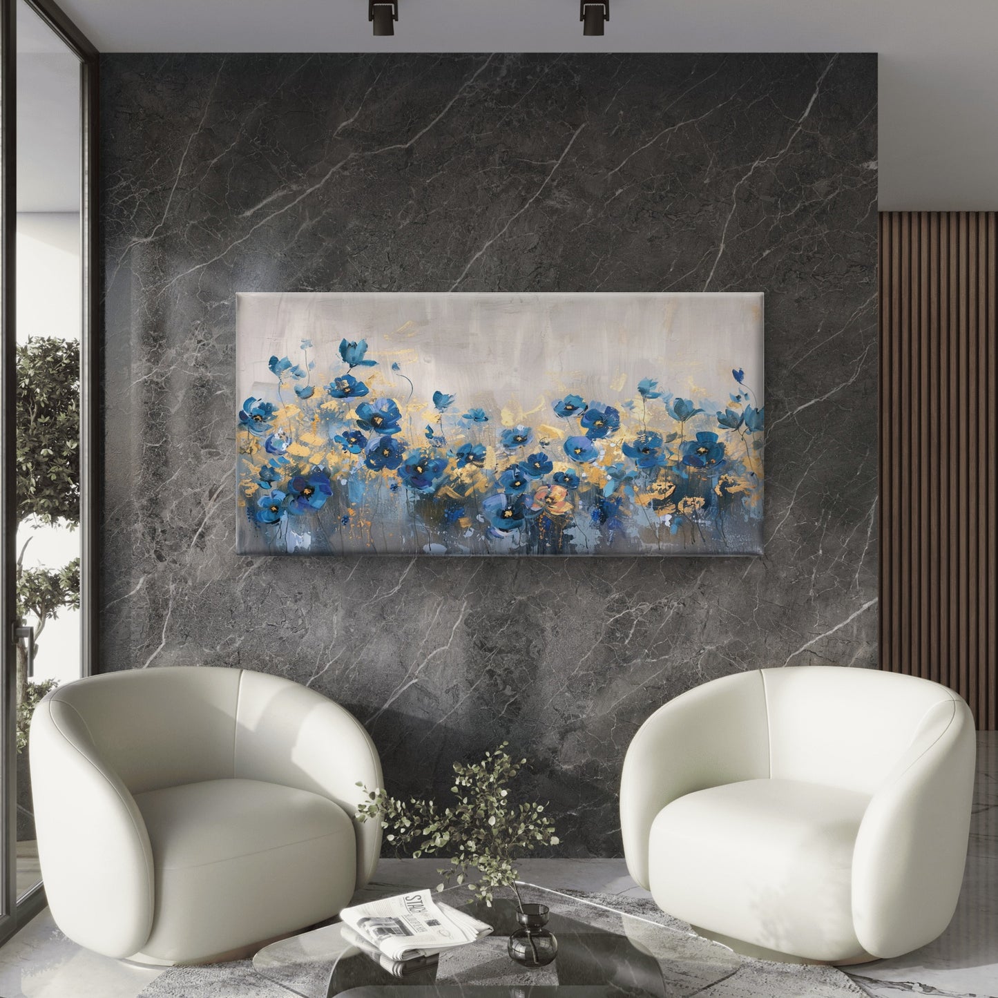 Blue Floral Gold Painting Wall Art Canvas Office Home Room Framed 120x60cm