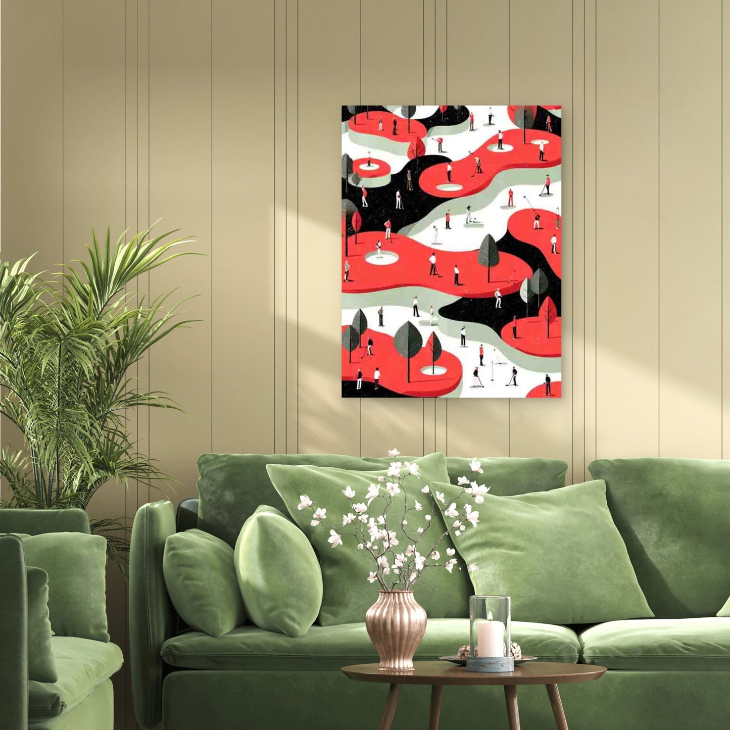 Golf Course Landscape with Red Putting Green, 40x60cm Metal Print Ready to Hang