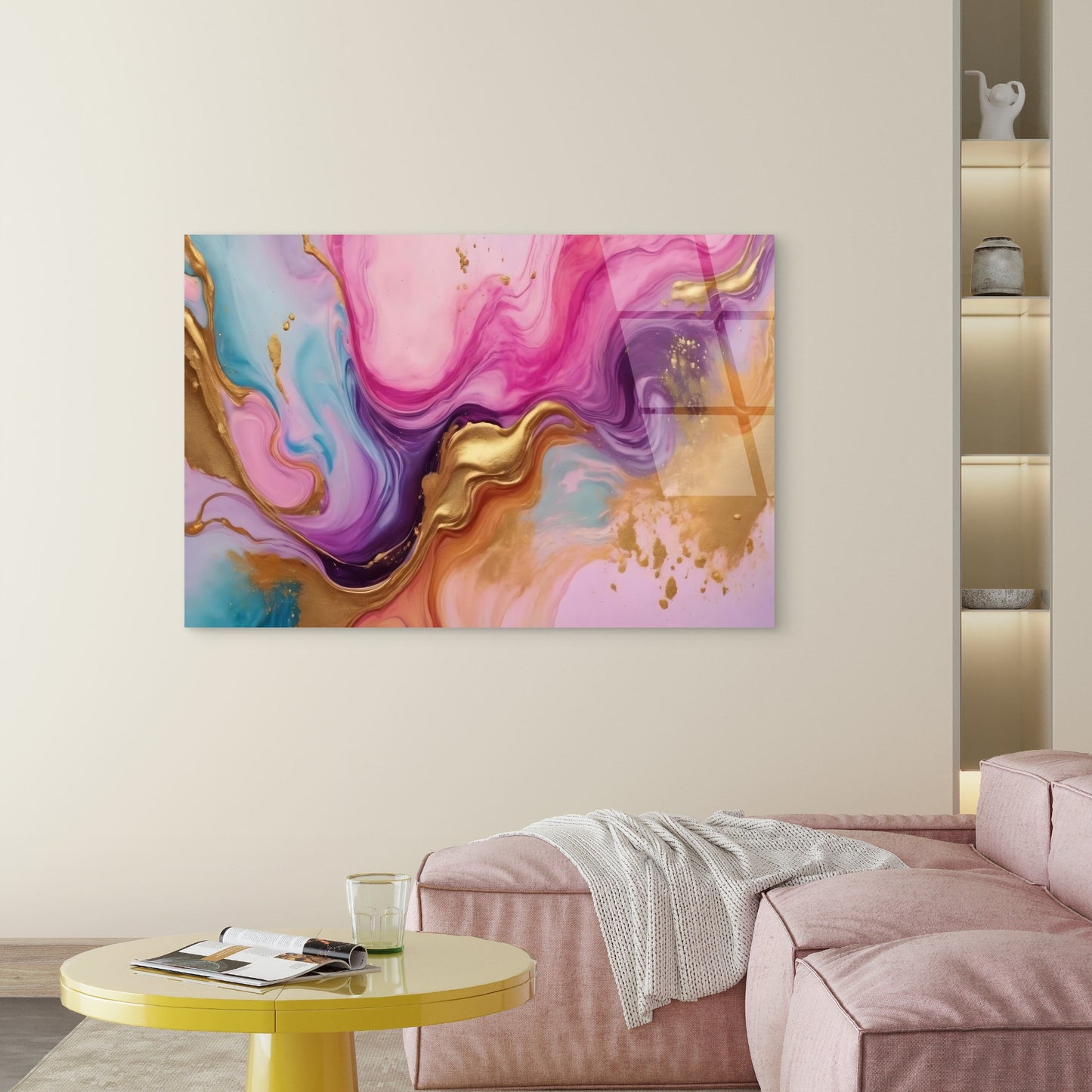Pink Purple Teal Gold Abstract Marble Acrylic Glass Printing Wall Art Australian Made Quality