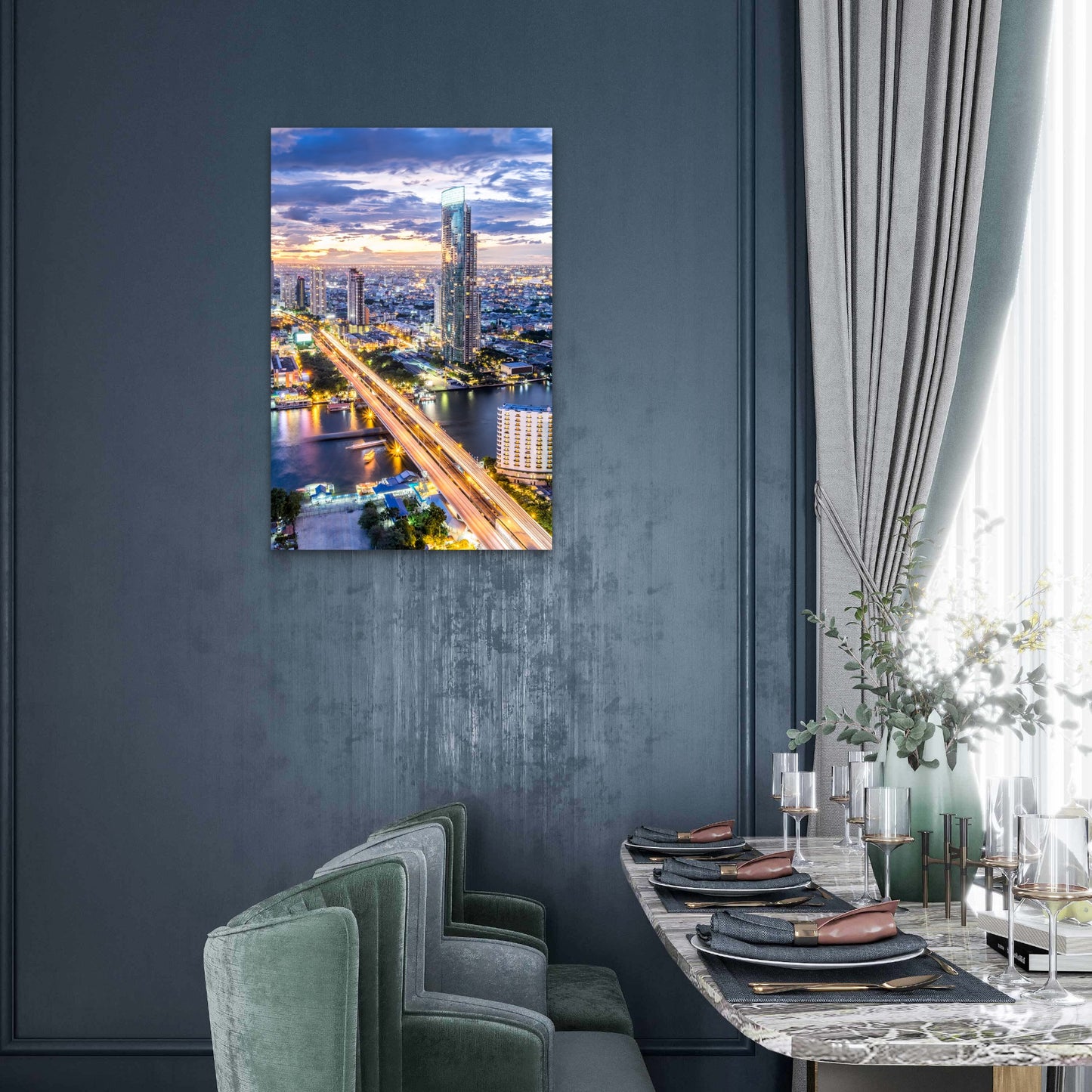 Bangkok City Skyline River Highway Night 40x60cm Metal Print Ready to Hang
