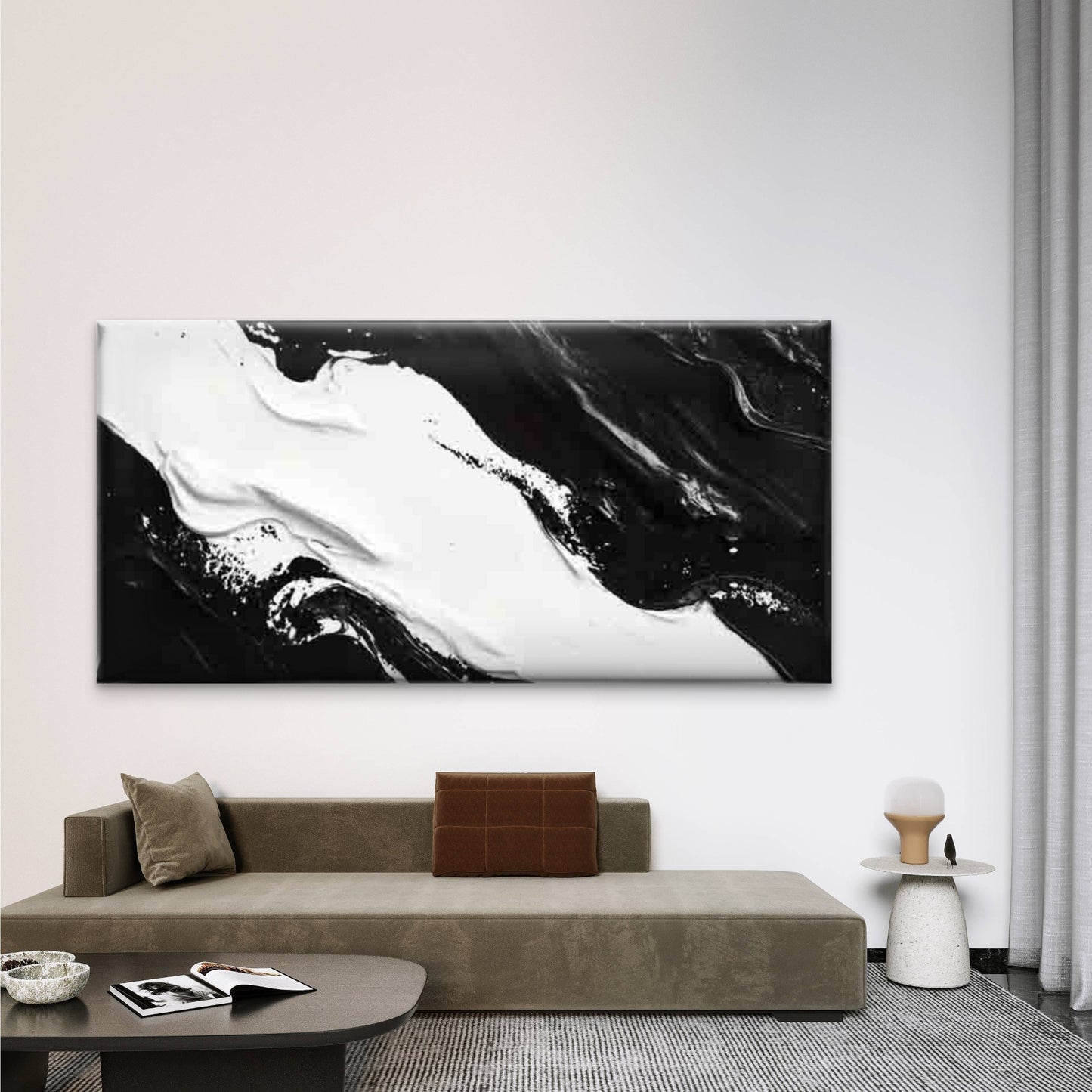 Bold Black & White Waves Design Wall Art Canvas Office Home Room Framed 120x60cm - Bella Home Decor