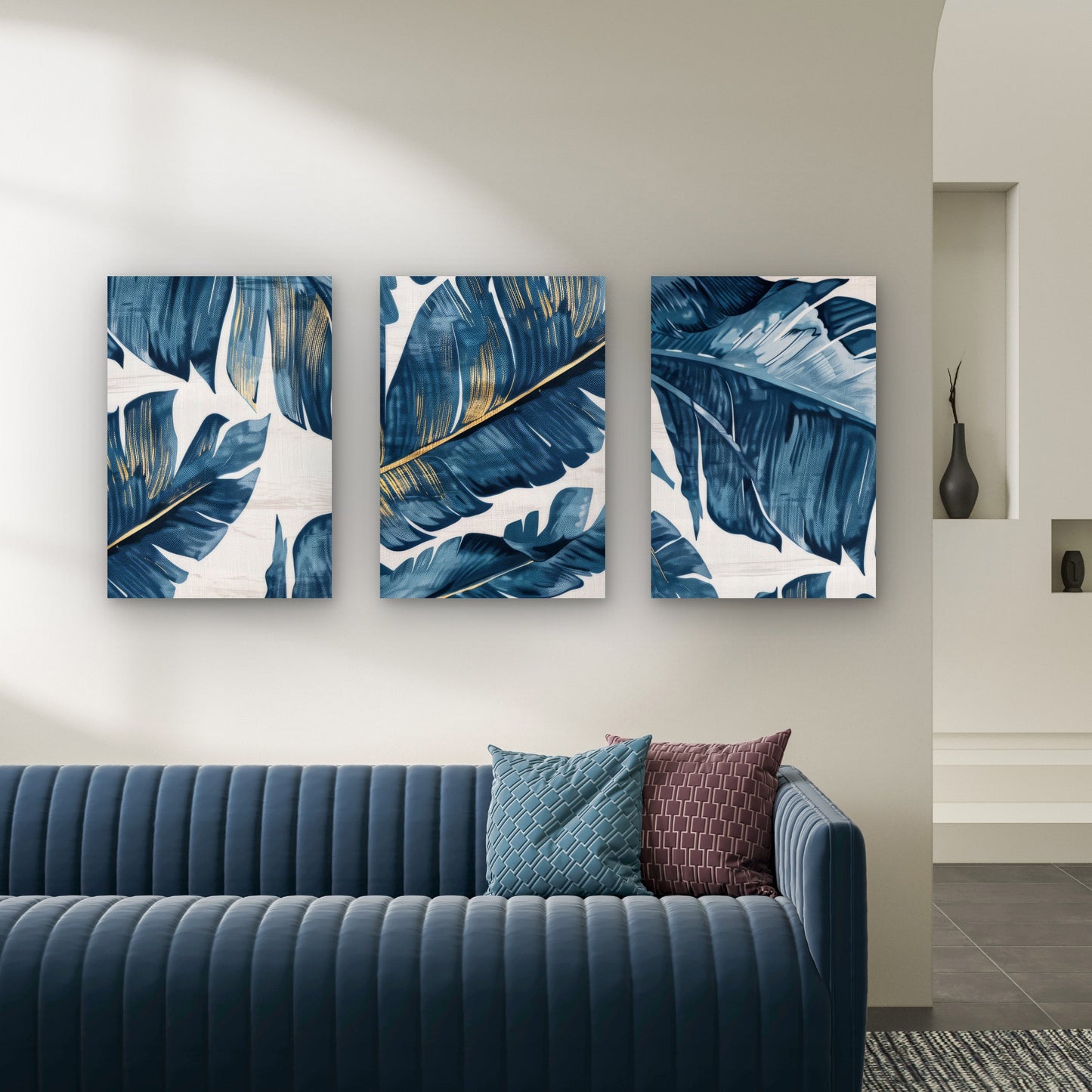 3pcs Navy Gold Tropical Banana Leaves Modern Wall Art Set Canvas Framed 50x70cm - High Quality Print 100% Australian Made Wall Canvas Ready to Hang