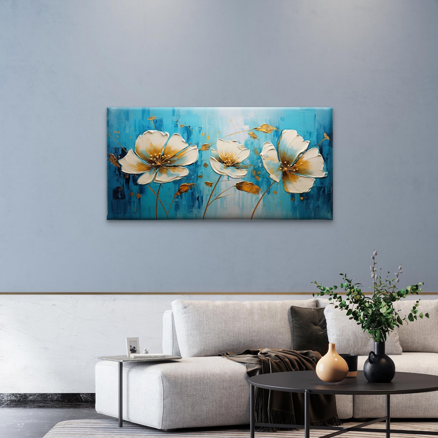 Modern Blue Gold White Blossom Wall Art Canvas Office Home Framed 120x60cm