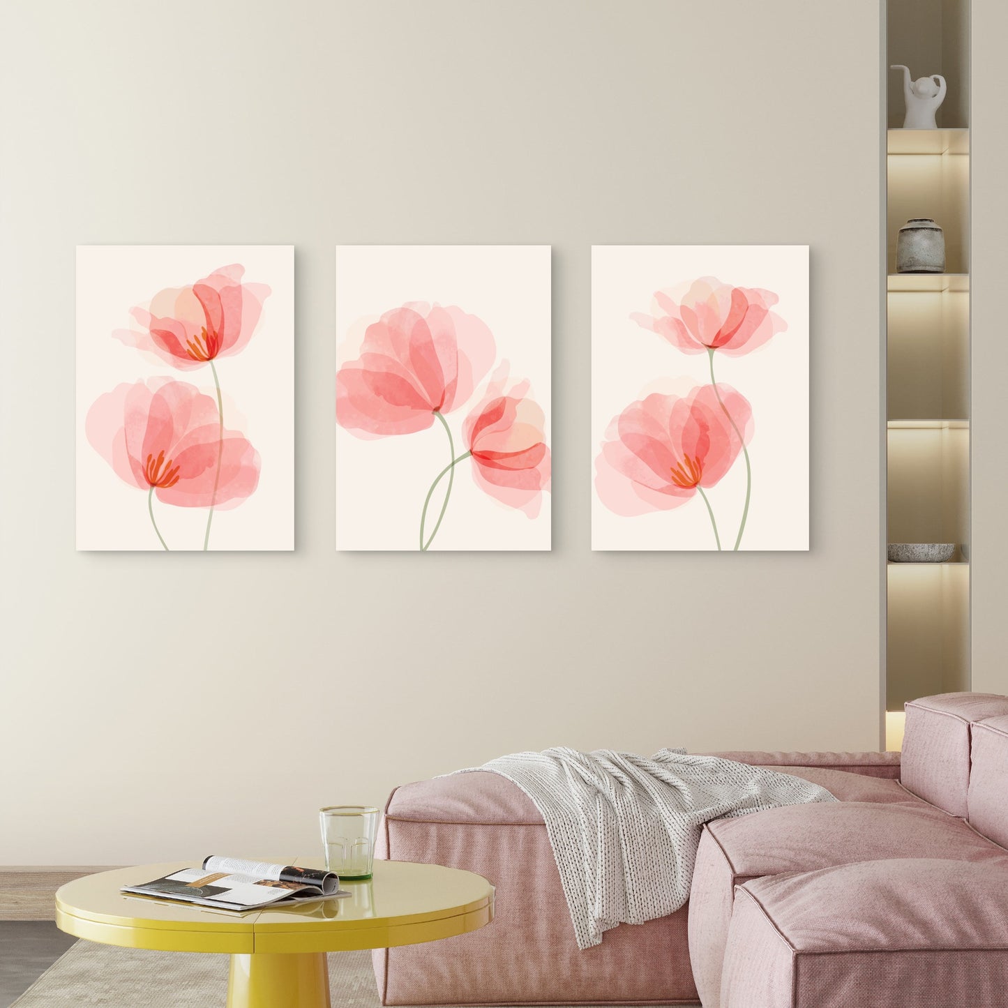 3pcs Pink Watercolor Floral Poppy Flower Wall Art Set Canvas Framed 40x60cm - High Quality Print 100% Australian Made Wall Canvas Ready to Hang