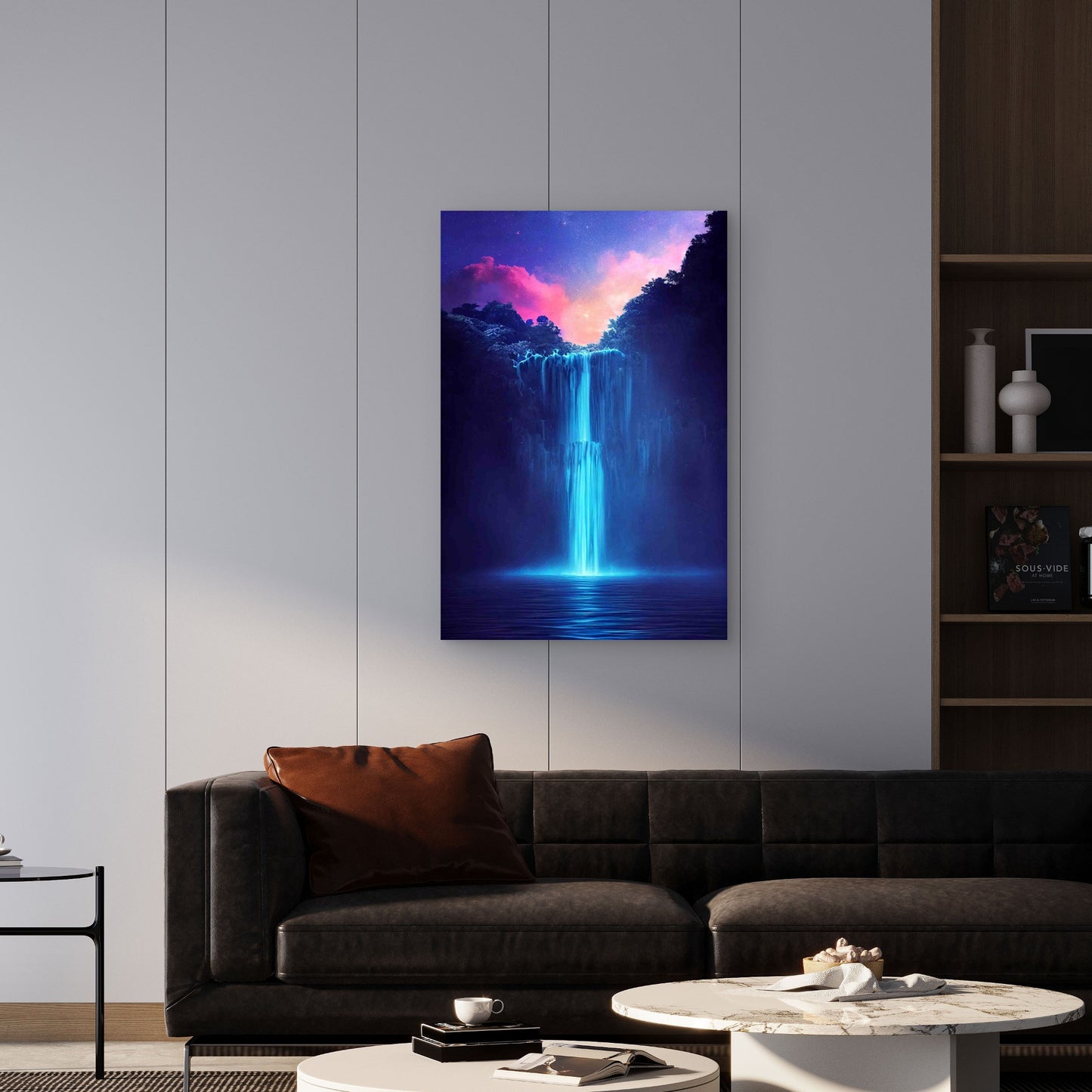 Neon Blue Waterfall in a Hidden Fantasy Forest 40x60cm Metal Print Ready to Hang