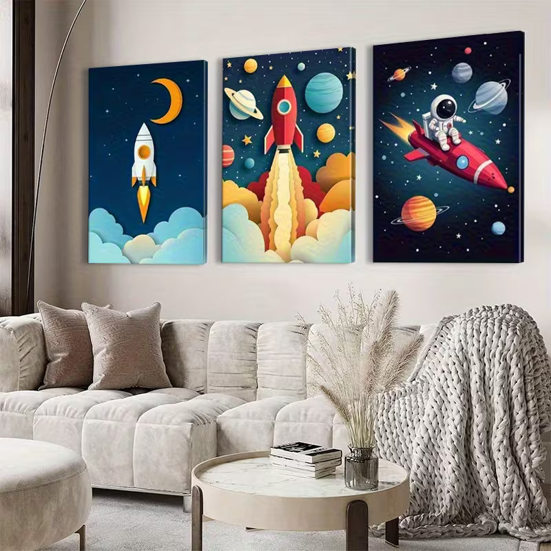 3pcs Vibrant Cartoon Rockets & Astronauts Wall Art Set Canvas Framed 40x60cm - High Quality Print 100% Australian Made Wall Canvas Ready to Hang - Bella Home Decor