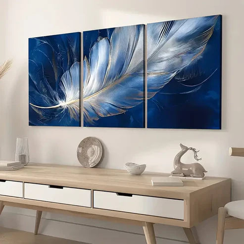 3pcs Ready to Hanging, Art Style Modern Fashion Feather Royal Blue Wall Art Set Canvas Unframed - High Quality Print 100% Australian Made Wall Canvas