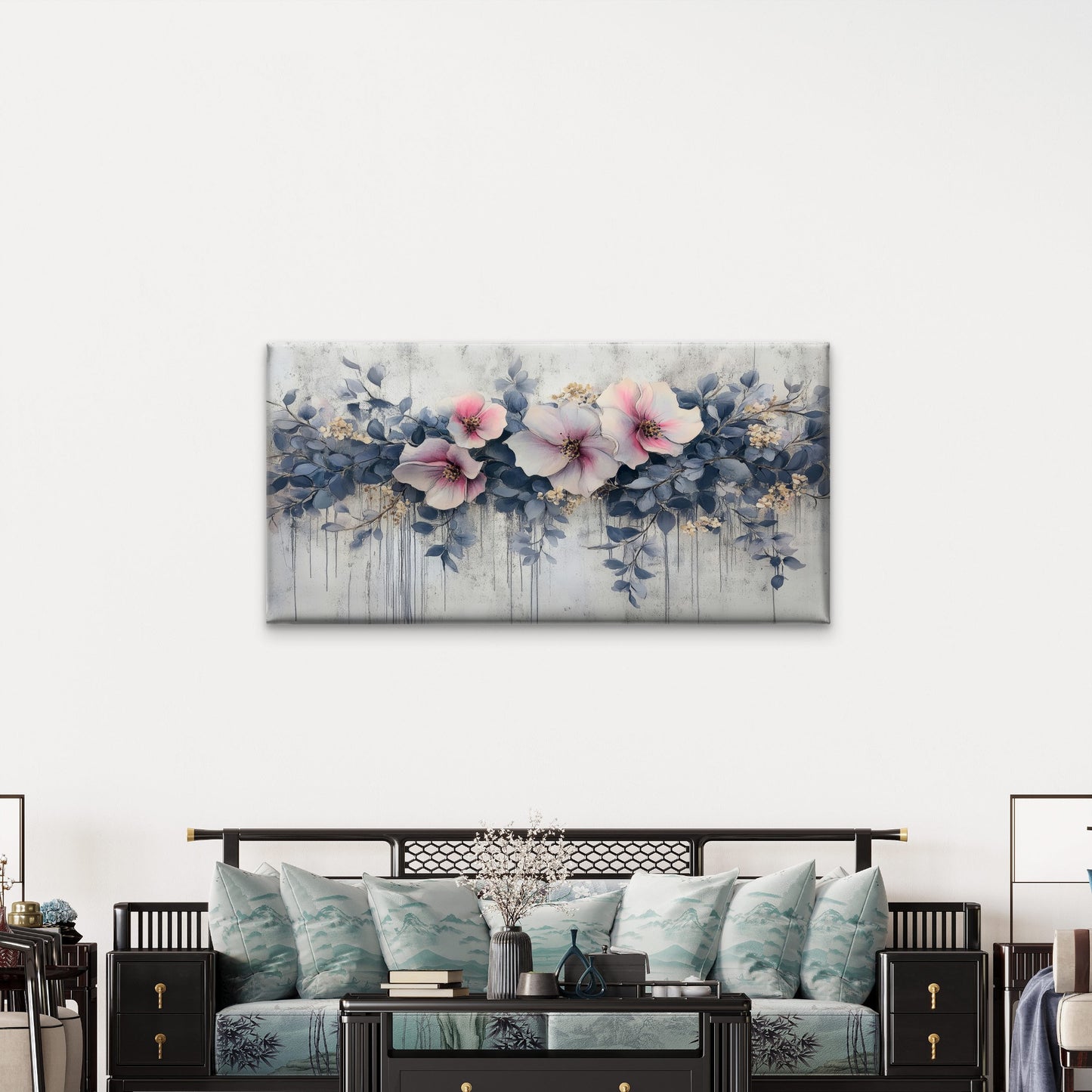 Abstract Pink Flower Blue Foliage Wall Art Canvas Office Home Framed 120x60cm