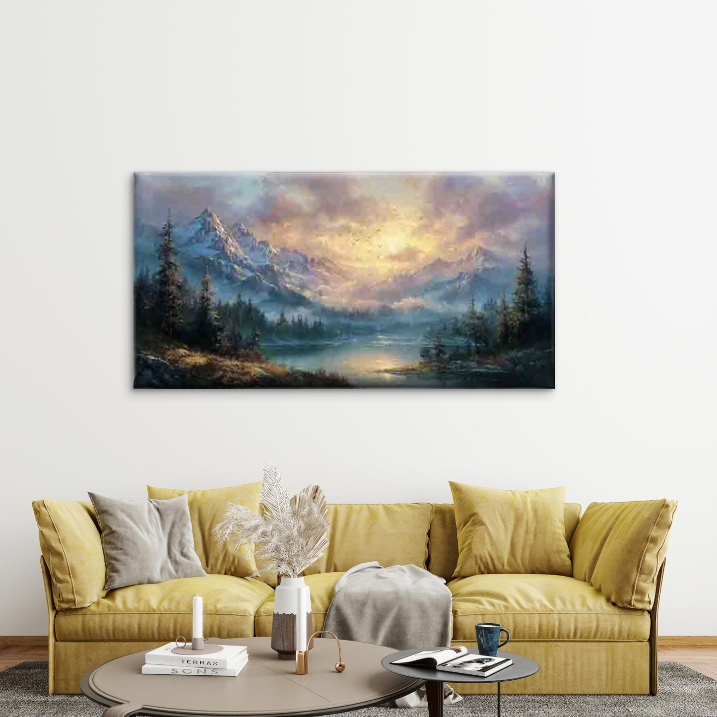 Tranquil Landscape with Mountai Wall Art Canvas Office Home Room Framed 120x60cm