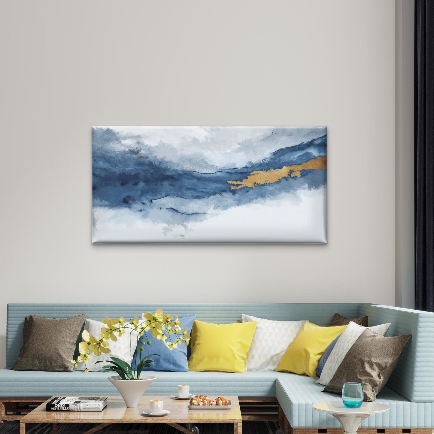 Abstract Nordic Blue Gold Sky Clouds Wall Art Canvas Office Home Framed 120x60cm