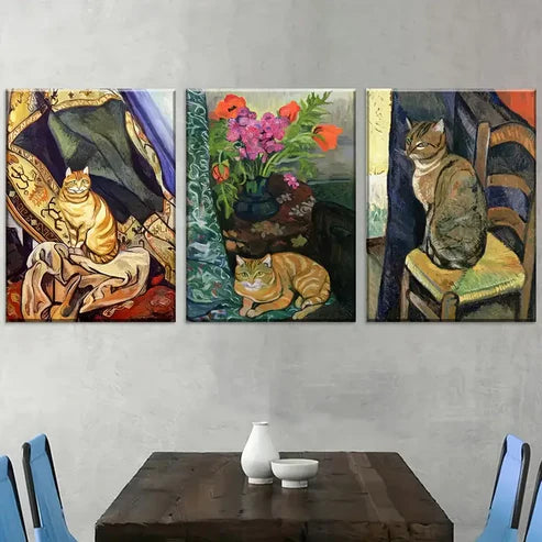 3pcs Retro Style Cat Abstract Landscape Art Wall Art Canvas Unframed - High Quality Print 100% Australian Made Wall Canvas