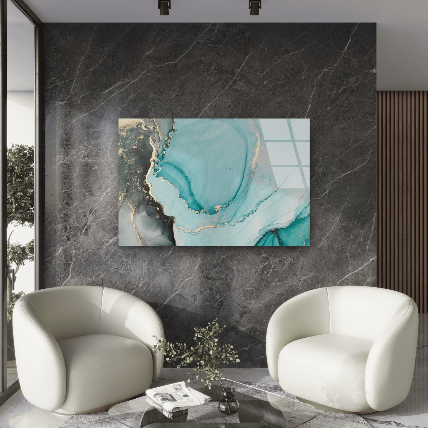 Teal Grey Gold Wave Marble Acrylic Glass Printing Wall Art Australian Made Quality