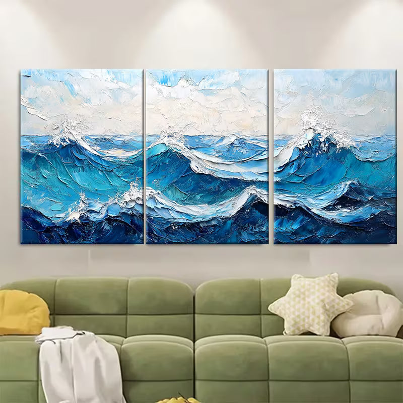 3pcs Original Ocean Waves Oil Painting Metal Print Ready to Hang Art