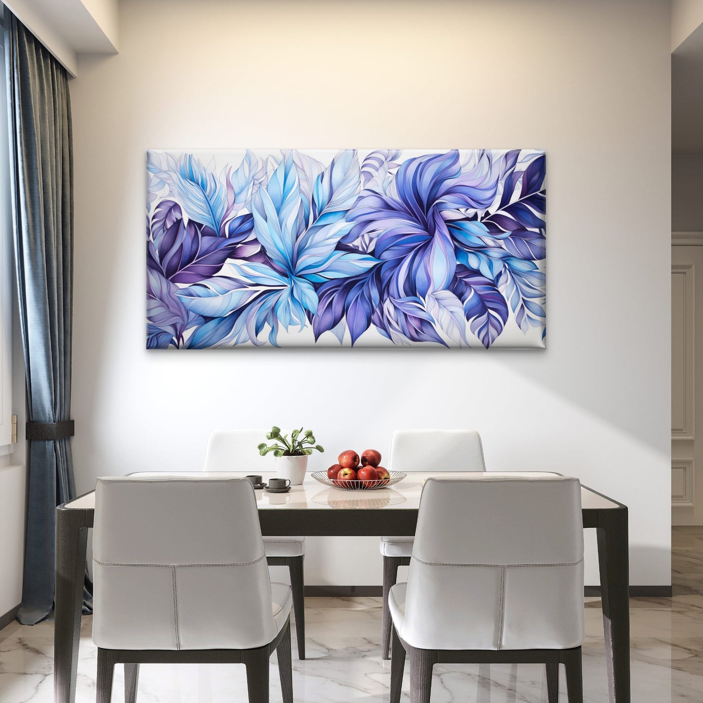 Blue Purple Leaf Design Wall Art Canvas Office Home Room Framed 120x60cm