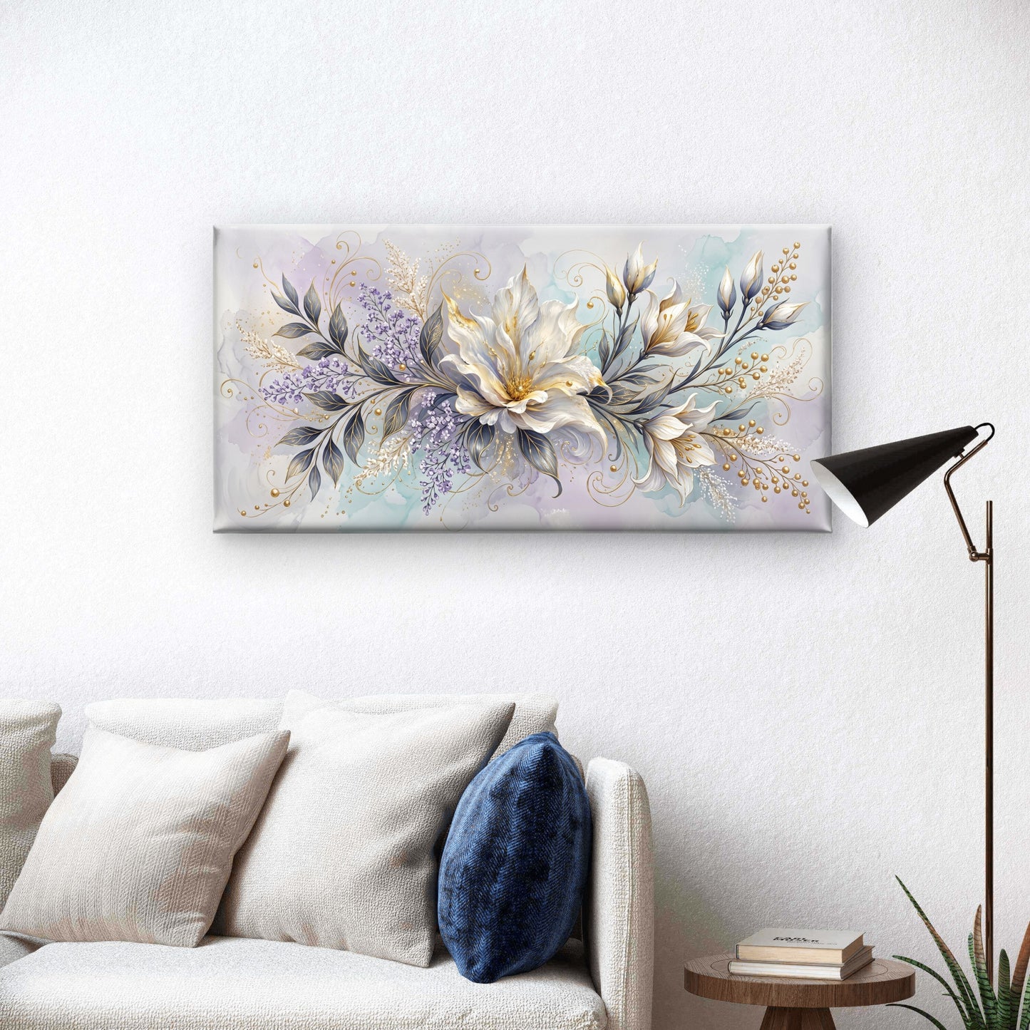 White Gold Lilac Floral Swirl Lily Wall Art Canvas Office Home Framed 120x60cm