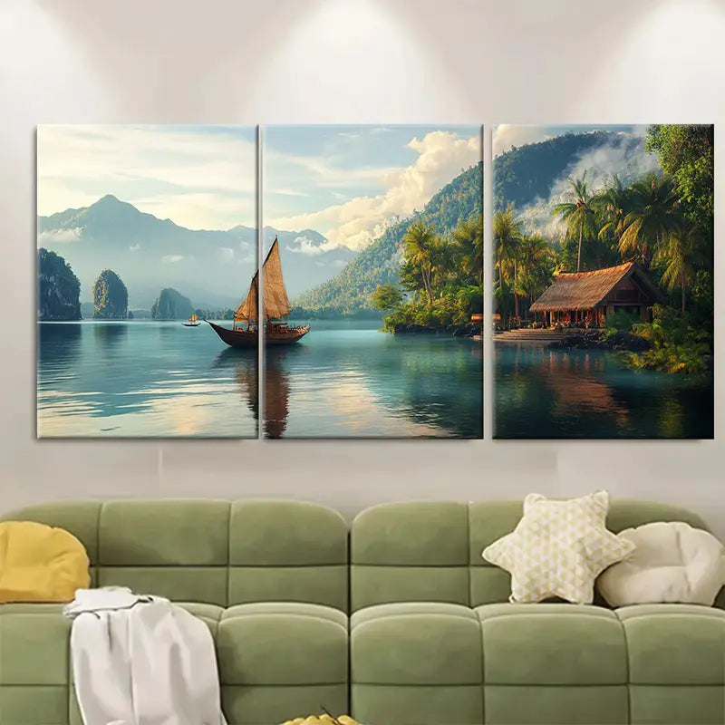 3pcs Indonesia Lake & Mountain Travel Art Wall Art Set Canvas Framed 50x70cm - High Quality Print 100% Australian Made Wall Canvas Ready to Hang