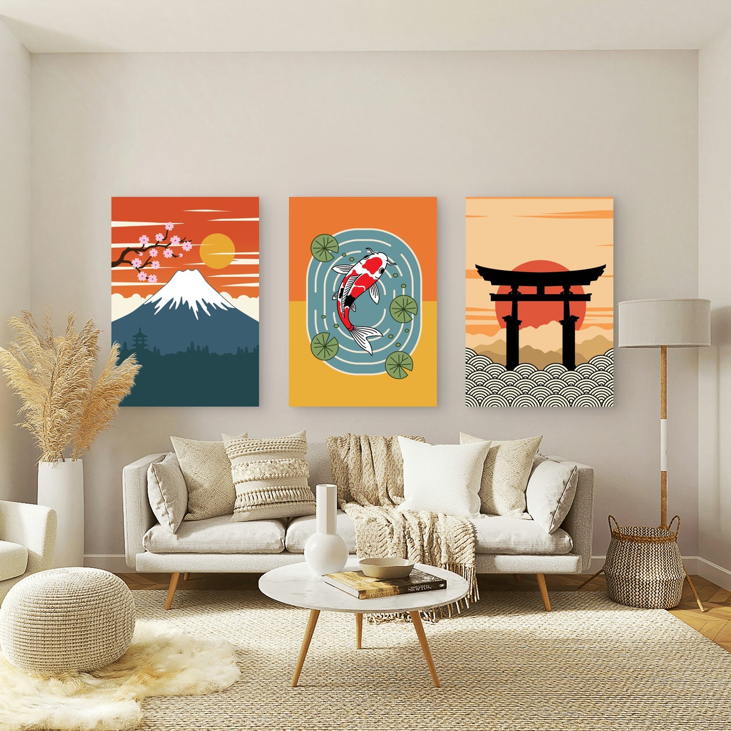 3pcs Japanese Mount Fuji Koi Fish Retro Zen Wall Art Set Canvas Framed 50x70cm - High Quality Print 100% Australian Made Wall Canvas Ready to Hang