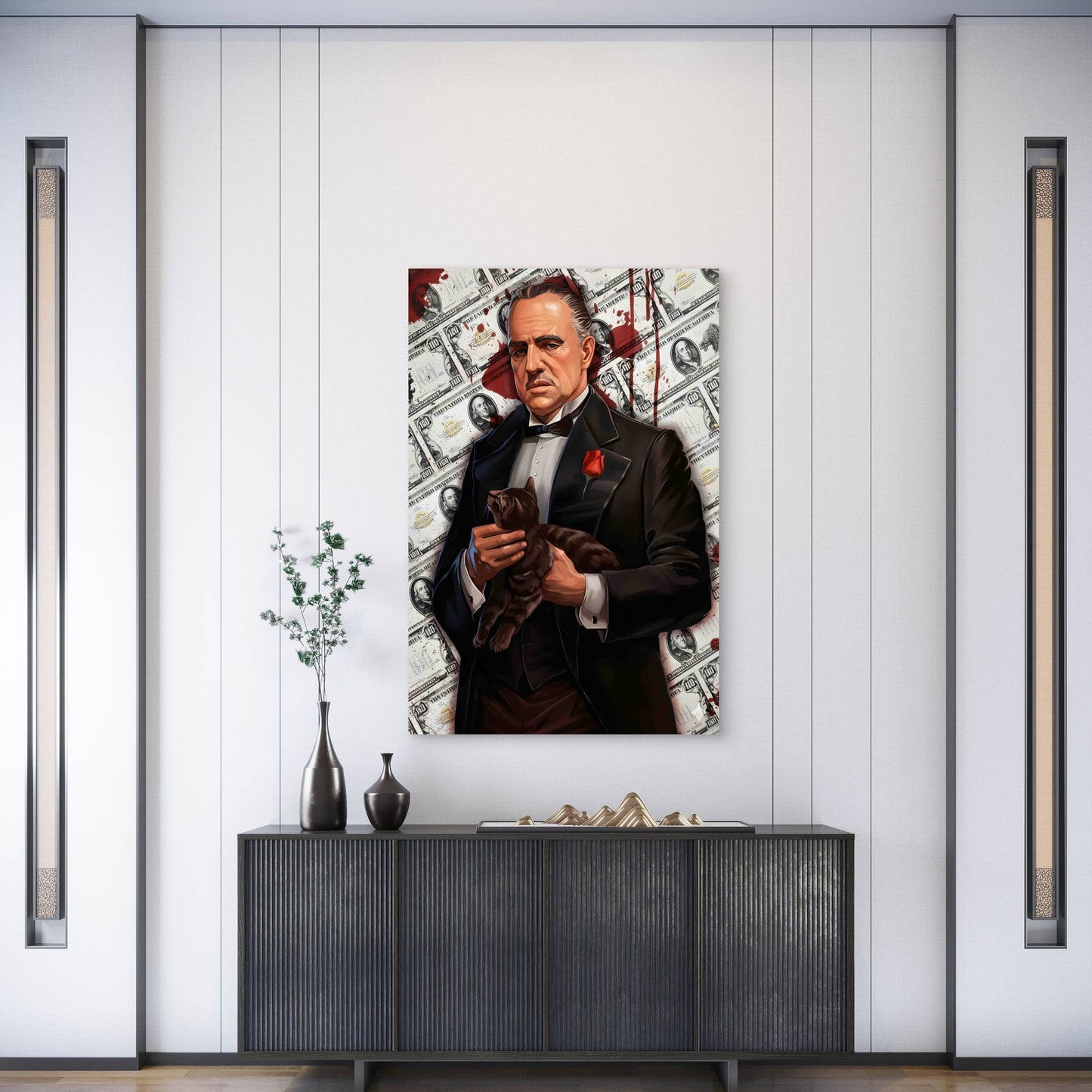 Mafia Boss Tuxedo Rose Cat Blood Money Vintage 40x60cm Metal Print Ready to Hang