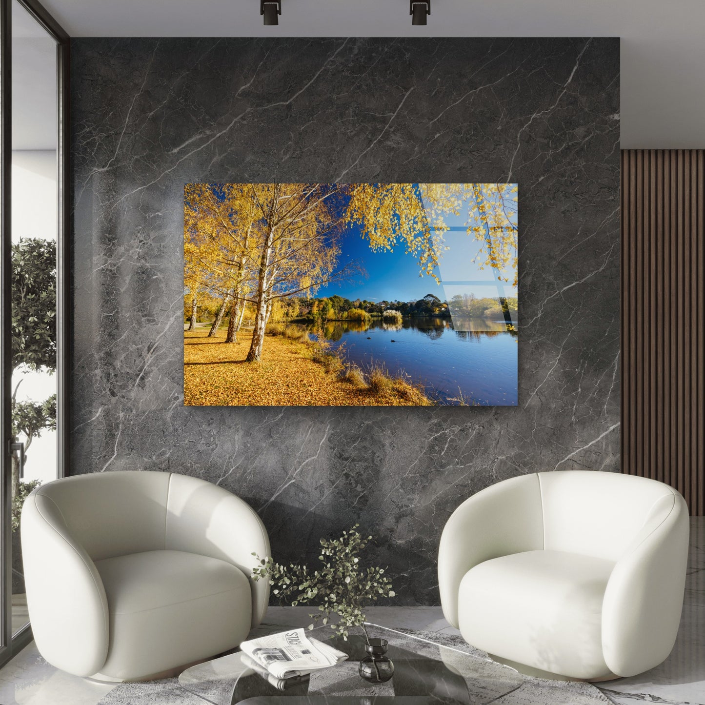 Lake Daylesford Autumn Birch Trees Acrylic Glass Printing Wall Art Australian Made Quality