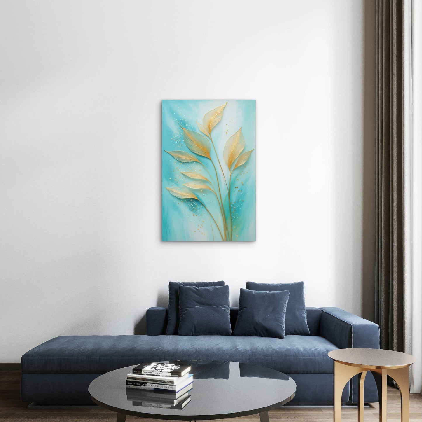 Teal Turquoise Gold Leaf Botanical Branch 40x60cm Metal Print Ready to Hang