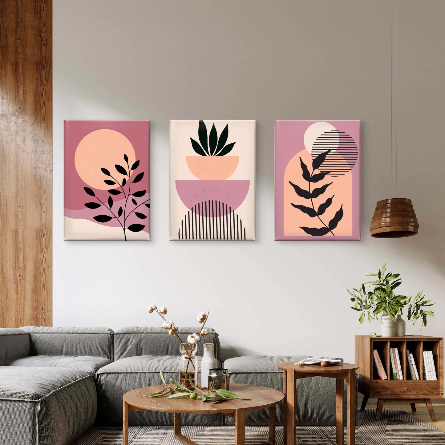 3pcs Abstract Pastel Dusty Rose Plant Silhouette Wall Art Set Canvas Framed 50x70cm - High Quality Print 100% Australian Made Wall Canvas Ready to Hang
