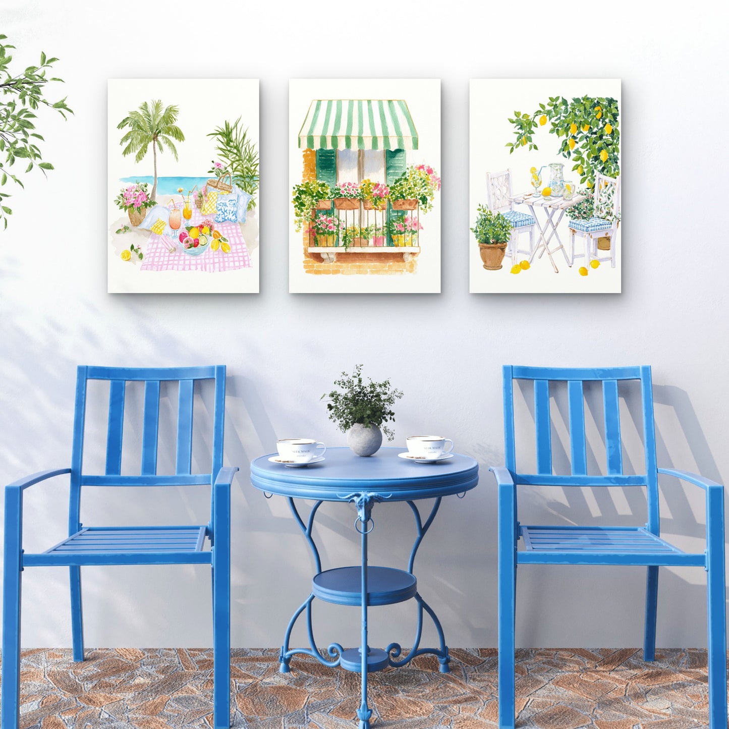3pcs Mediterranean Summer Amalfi Beach Picnic Wall Art Set Canvas Framed 40x60cm - High Quality Print 100% Australian Made Wall Canvas Ready to Hang