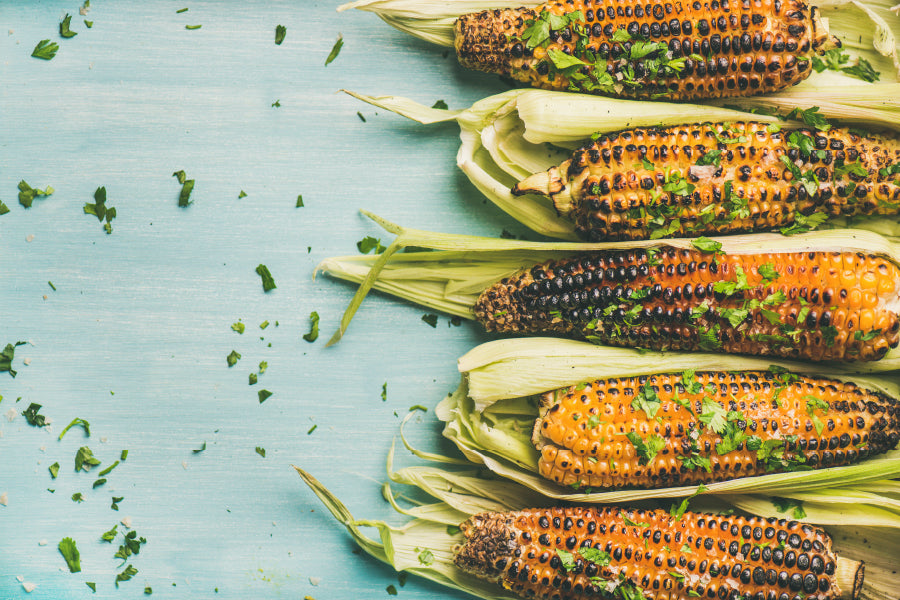 Lat-Lay of Grilled Sweet Corn with Smoked Sea Salt Acrylic Glass Print Tempered Glass Wall Art 100% Made in Australia Ready to Hang - Bella Home Decor