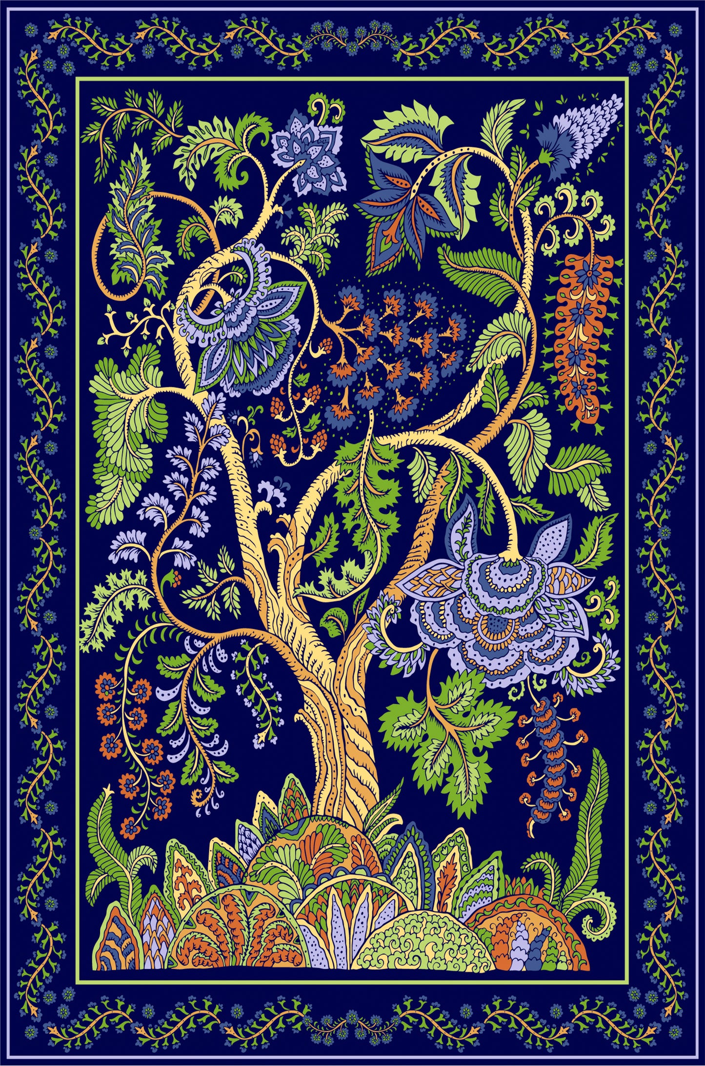 Navy Floral Tree of Life Painting 60x90cm Metal Print Ready to Hang