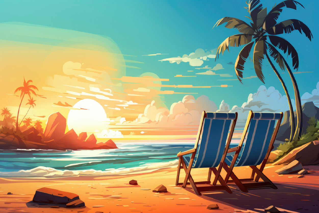 Chairs on a Beach with Palm Trees and the Ocean Home Decor Premium Quality Poster Print Choose Your Sizes - Bella Home Decor