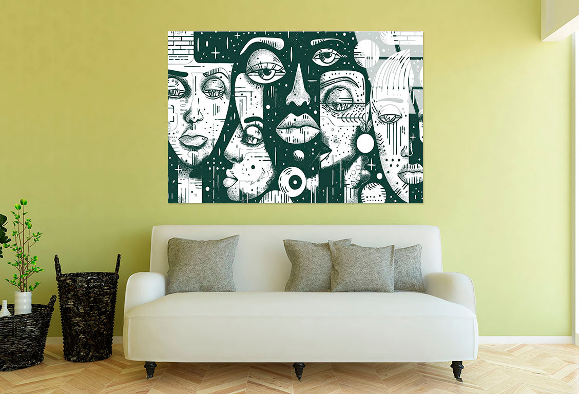 Abstract Cubist Faces Teal Gree Glass Printing Wall Art Australian Made Quality