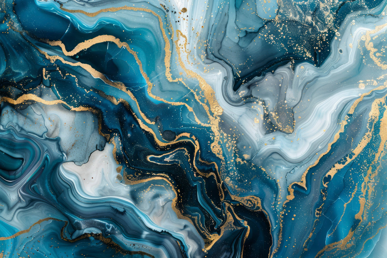 Close-Up Of a Sea Blue Agate Marble Pattern with Golden Veins Acrylic Glass Print Tempered Glass Wall Art 100% Made in Australia Ready to Hang