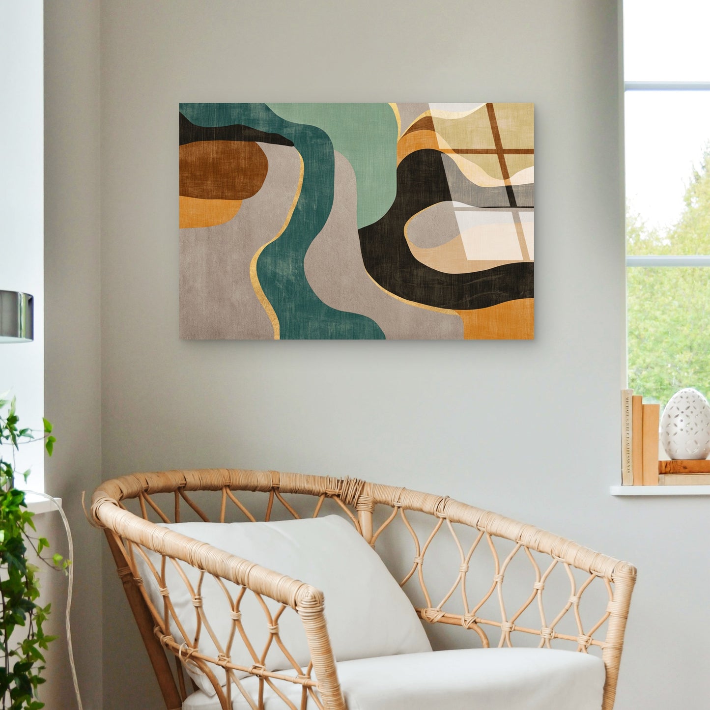 Abstract Geometric Teal Ocher Wave Acrylic Glass Printing Wall Art Australian Made Quality