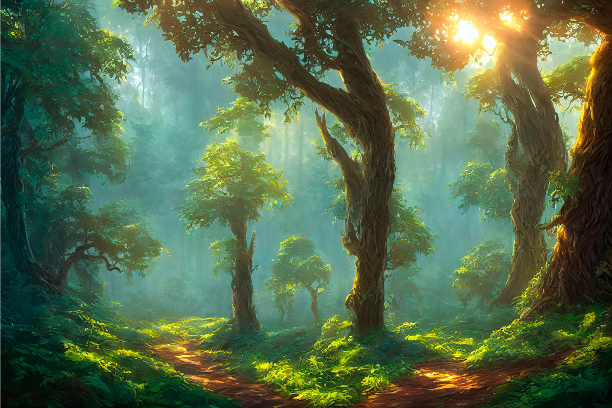 Morning Fairy Forest Sun Foliage Tree Trunks Wall Art Decor 100% Australian Made