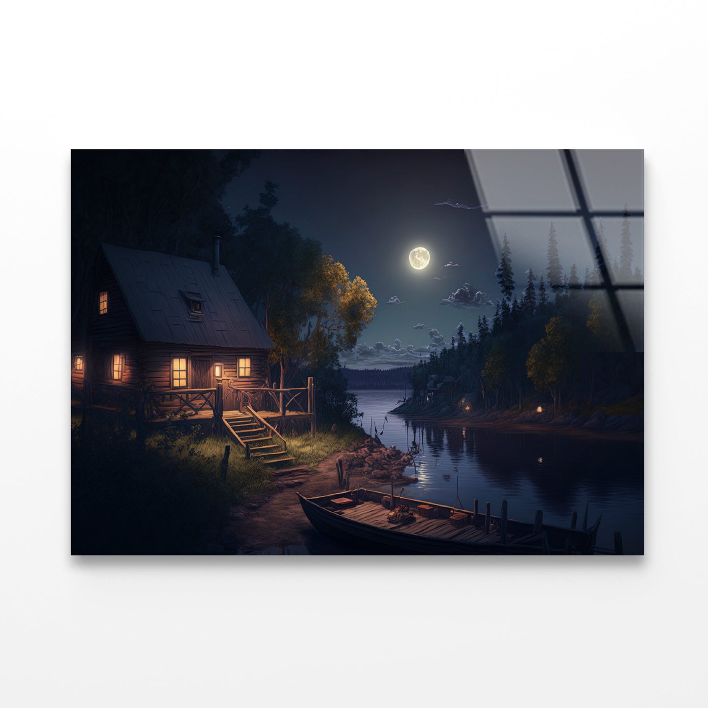 House, Trees, Lake at Night Acrylic Glass Print Tempered Glass Wall Art 100% Made in Australia Ready to Hang - Bella Home Decor
